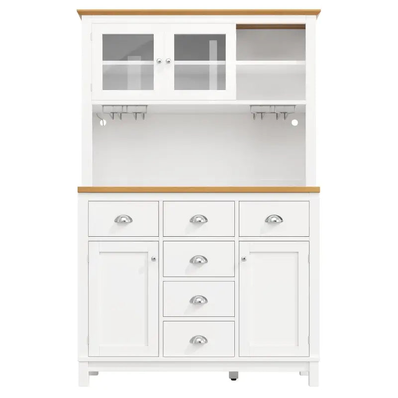 Farmhouse Style Sideboard with Spacious Shelves and Drawers, Versatile Storage Cabinet with Drink Holders, 104L x 40W x 180H cm, White