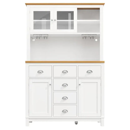 Farmhouse Style Sideboard with Spacious Shelves and Drawers, Versatile Storage Cabinet with Drink Holders, 104L x 40W x 180H cm, White