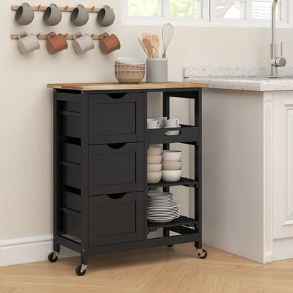 HOMCOM Rolling Kitchen Island Cart, Bar Serving Cart, Compact Trolley on Wheels with Wood Top, Shelves & Drawers for Home Dining Area, Black