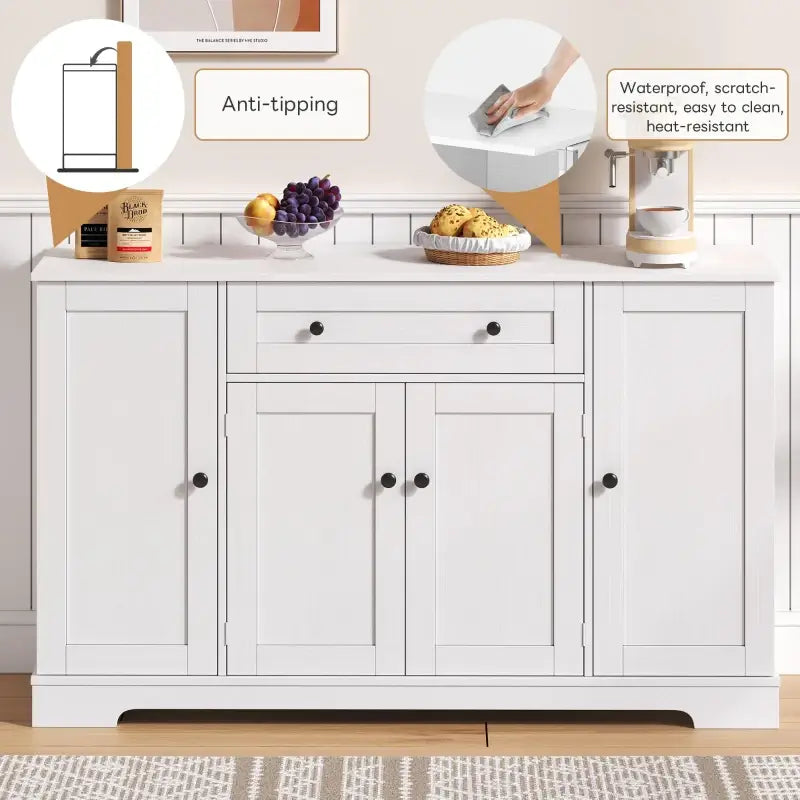 Multifunctional Kitchen Sideboard with Double-Door Compartment, Spacious Cabinet with Adjustable Shelves, 138L x 40W x 85H cm, White