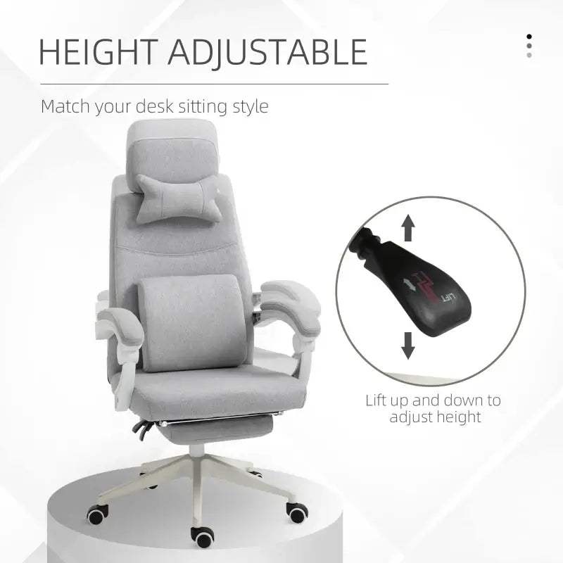 Vinsetto Office Chair, High Back Fabric Work Chair with 160° Reclining Backrest, Retractable Footrest, Neck and Lumbar Pillow, Light Grey