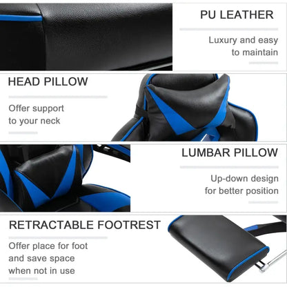 Vinsetto Faux Leather Reclining Gaming Chair, with Footrest - Blue/Black