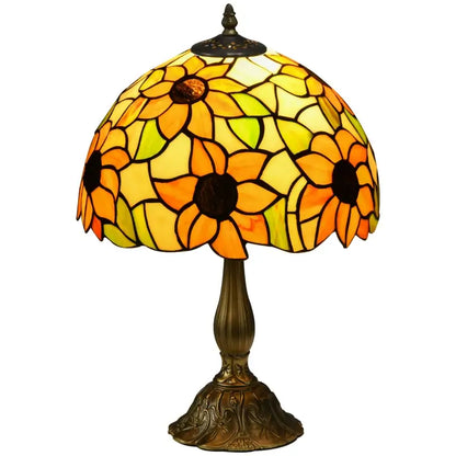 HOMCOM Tiffany Stained Glass Table Lamp, Handmade Antique Bedside Lamp for Bedroom, Living room, Home, Nightstand, Decorative Night Light, Orange Sunflower