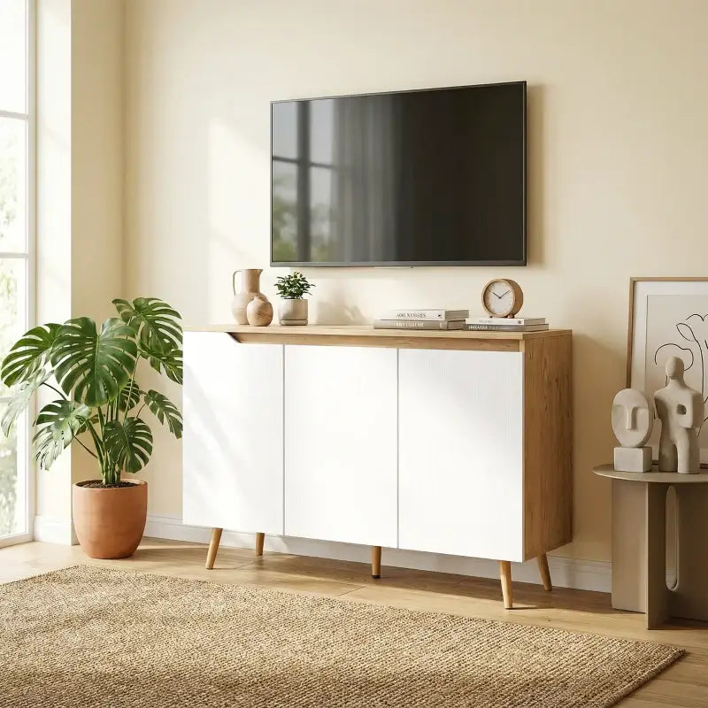 HOMCOM Sideboard Storage Cabinet, Kitchen Cupboard with 3 Doors, 2 Adjustable Shelves and 5 Rubberwood Legs, White and Oak