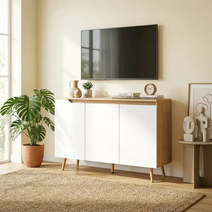 HOMCOM Sideboard Storage Cabinet, Kitchen Cupboard with 3 Doors, 2 Adjustable Shelves and 5 Rubberwood Legs, White and Oak