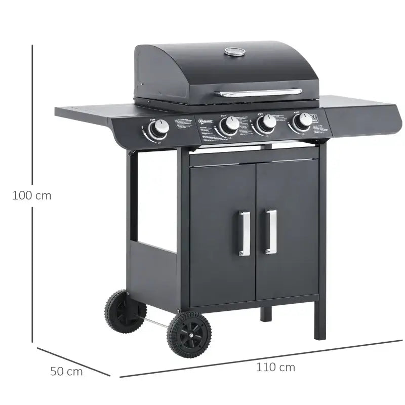 Outsunny 4+1 Burner Gas BBQ Grill, Outdoor Barbecue Trolley with Wheels, Warming Rack, Side Shelves, Cabinet, Thermometer for Garden, Party, Camping, 125 L x 51 W x 100 H cm, Black