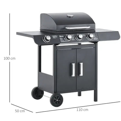 Outsunny 4+1 Burner Gas BBQ Grill, Outdoor Barbecue Trolley with Wheels, Warming Rack, Side Shelves, Cabinet, Thermometer for Garden, Party, Camping, 125 L x 51 W x 100 H cm, Black