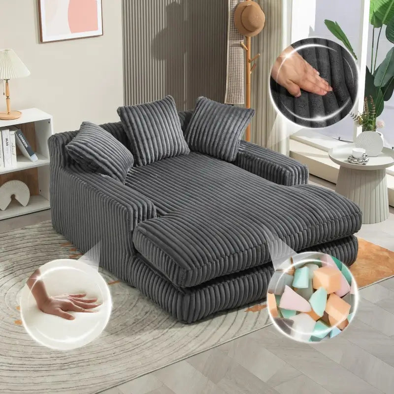 Oversized Chaise Longue Sofa with 3 Throw Cushions and Wide Armrests, Chair with Shredded Memory Foam Seat, 155L x 125W x 63H cm, Dark Gray