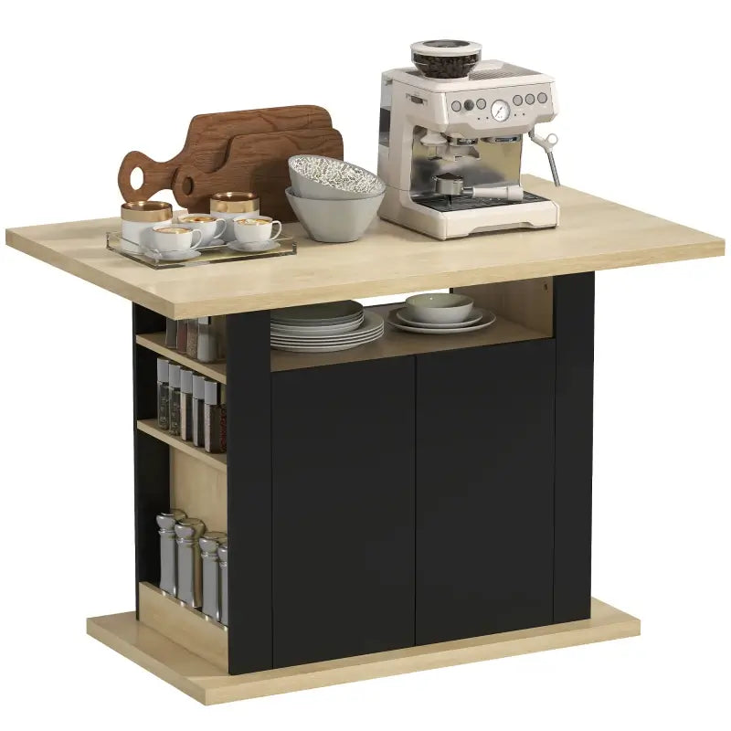 HOMCOM Kitchen Island with Spice Rack, Kitchen Storage with Large Tabletop for 4 People, Adjustable Shelves Black & Natura