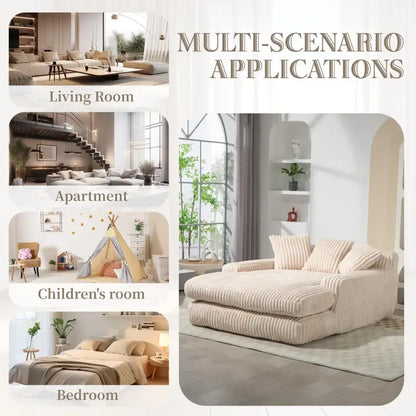Oversized Chaise Longue Sofa with 3 Throw Cushions and Wide Armrests, Chair with Shredded Memory Foam Seat, 155L x 125W x 63H cm, Beige