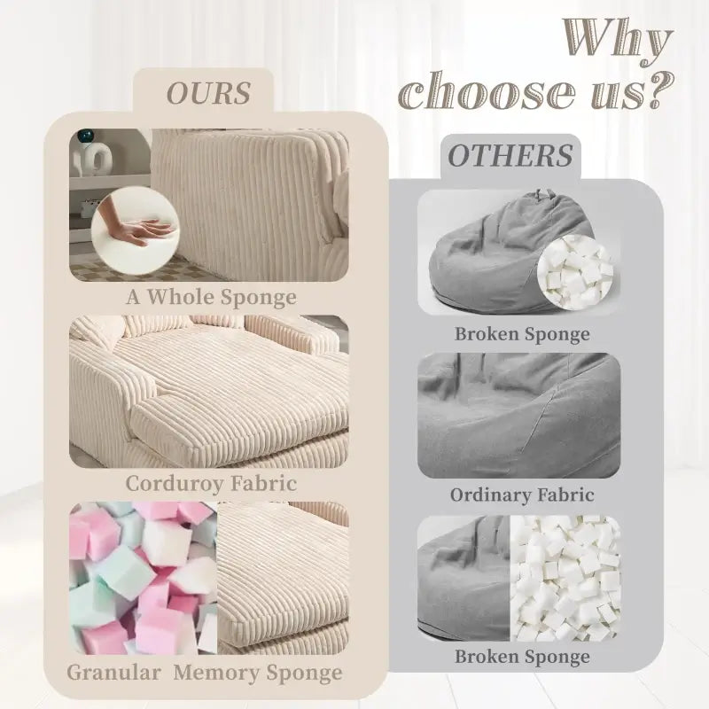 Oversized Chaise Longue Sofa with 3 Throw Cushions and Wide Armrests, Chair with Shredded Memory Foam Seat, 155L x 125W x 63H cm, Beige
