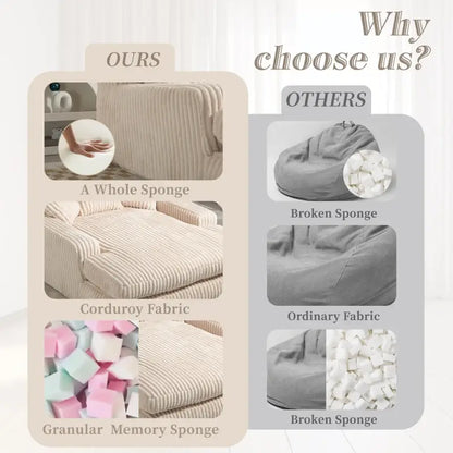 Oversized Chaise Longue Sofa with 3 Throw Cushions and Wide Armrests, Chair with Shredded Memory Foam Seat, 155L x 125W x 63H cm, Beige