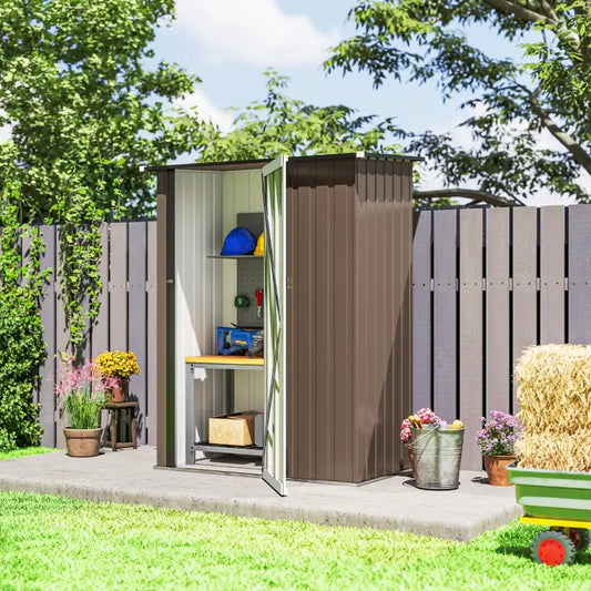 Outsunny 5ft x 3ft Garden Storage Shed, Galvanised Outdoor Metal Shed Waterproof with Sloped Roof, Lockable Door for Patio Tools, Equipment, Brown