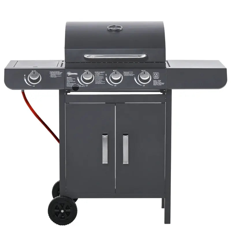 Outsunny 3+1 Burner Gas BBQ Grill, Outdoor Barbecue Trolley with Wheels, Warming Rack, Side Shelves, Cabinet, Thermometer for Garden, Party, Camping, 110L x 50W x 100Hcm, Grey