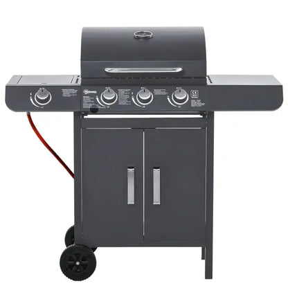 Outsunny 4+1 Burner Gas BBQ Grill, Outdoor Barbecue Trolley with Wheels, Warming Rack, Side Shelves, Cabinet, Thermometer for Garden, Party, Camping, 125 L x 51 W x 100 H cm, Black
