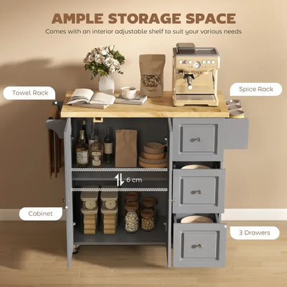 HOMCOM Kitchen Island on Wheels, Rolling Kitchen Storage Trolley with Drop Leaf, Drawers, Towel and Spice Rack, Grey