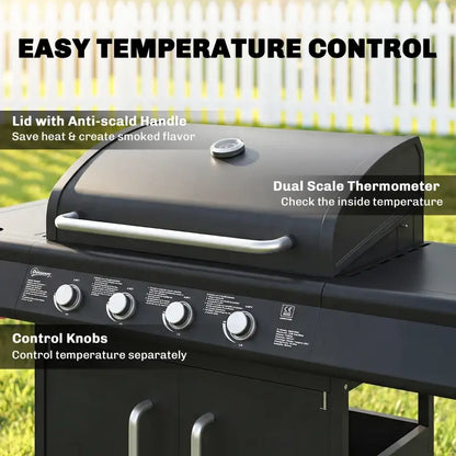 Outsunny 4+1 Burner Gas BBQ Grill with Storage Cabinet, 15.2 kW Gas Barbecue Trolley with Side Table, 4 Wheels, Warming Rack