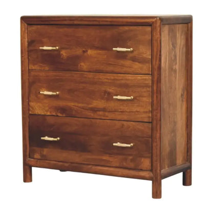 Solid Wood Regency 3-Drawer Chest with Generous Organisation and Elegant Circular Silhouette, Table for Living Room, 35L x 75W x 80H cm, Brown