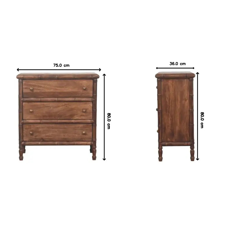 Solid Mango Wood 3-Drawer Chest with Turned Spindle Legs, Bedside Cabinet with Generous Organisation Drawers, 36L x 75W x 80H cm, Brown