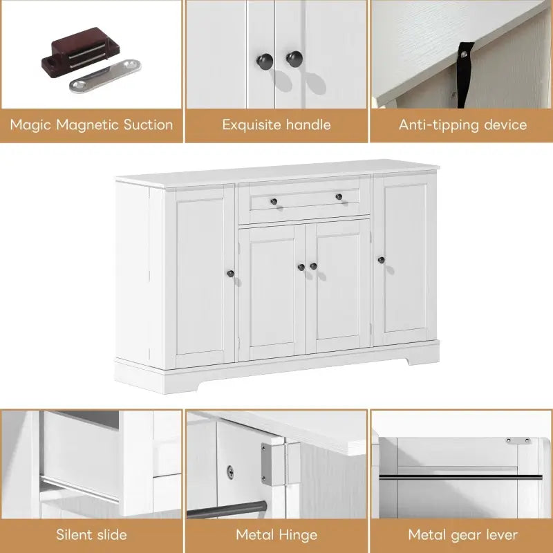 Multifunctional Kitchen Sideboard with Double-Door Compartment, Spacious Cabinet with Adjustable Shelves, 138L x 40W x 85H cm, White