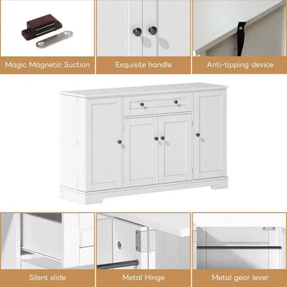 Multifunctional Kitchen Sideboard with Double-Door Compartment, Spacious Cabinet with Adjustable Shelves, 138L x 40W x 85H cm, White