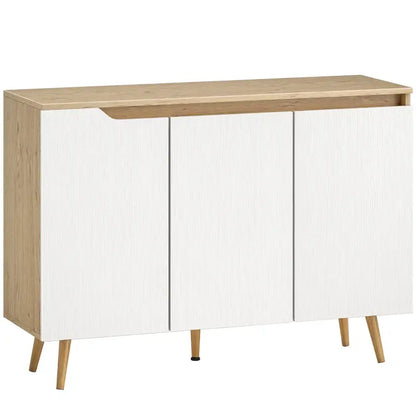 HOMCOM Sideboard Storage Cabinet, Kitchen Cupboard with 3 Doors, 2 Adjustable Shelves and 5 Rubberwood Legs, White and Oak