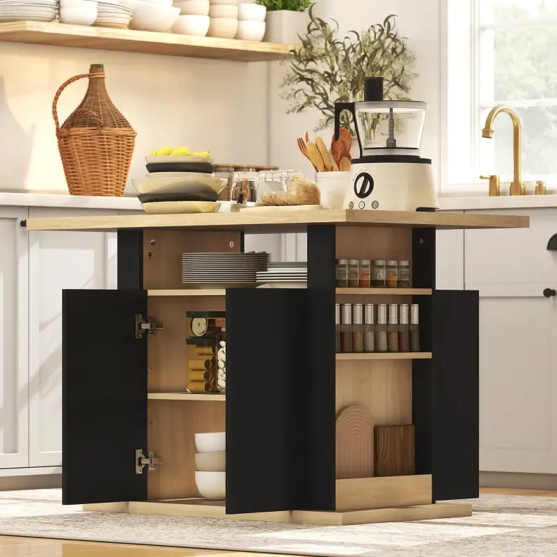HOMCOM Kitchen Island with Spice Rack, Kitchen Storage with Large Tabletop for 4 People, Adjustable Shelves Black & Natura