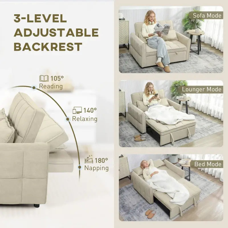 HOMCOM 2 Seater Sofa Bed, 3-in-1 Convertible Sleeper Sofa with Click-clack Adjustable Backrest and 2 Pillows, Light Brown