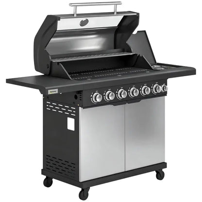 Outsunny 6+1 Burner Gas BBQ Grill, Outdoor Barbecue Trolley with Wheels, Warming Rack, Thermometer, Bottle Opener, Silver Tone