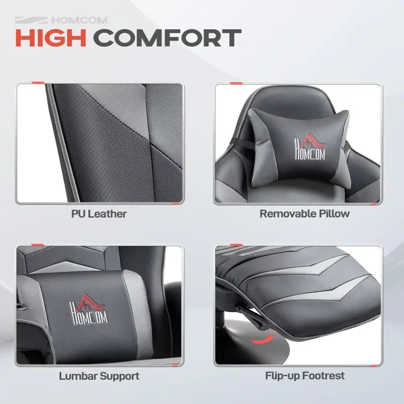 HOMCOM Small Leather Gaming Massage Recliner Chair with Ergonomic High Back Retractable Footrest Headrest Work Break Grey