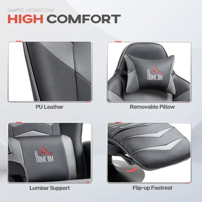 HOMCOM Small Leather Gaming Massage Recliner Chair with Ergonomic High Back Retractable Footrest Headrest Work Break Grey