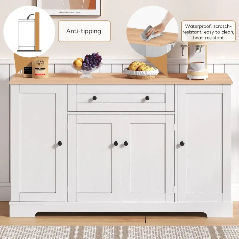 Multifunctional Kitchen Sideboard with Double-Door Compartment, Spacious Cabinet with Adjustable Shelves, 138L x 40W x 85H cm, Natural+White