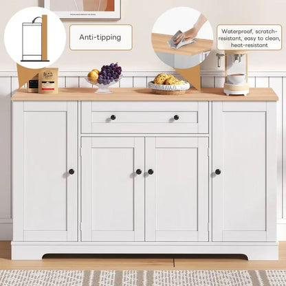 Multifunctional Kitchen Sideboard with Double-Door Compartment, Spacious Cabinet with Adjustable Shelves, 138L x 40W x 85H cm, Natural+White
