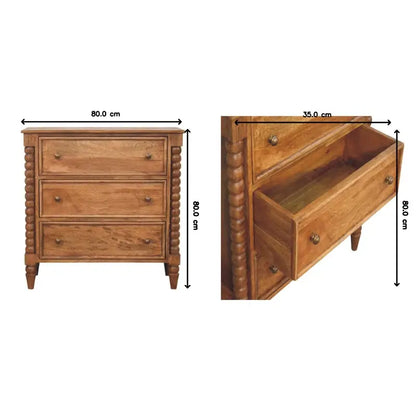 Solid Mango Wood Spindle Chest with 3 Drawers and Turned Spindle Legs, Bedside Cabinet with Ample Storage, 35L x 80W x 80H cm, Brown
