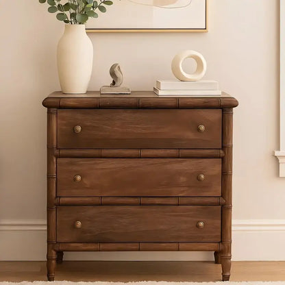 Solid Mango Wood 3-Drawer Chest with Turned Spindle Legs, Bedside Cabinet with Generous Organisation Drawers, 36L x 75W x 80H cm, Brown