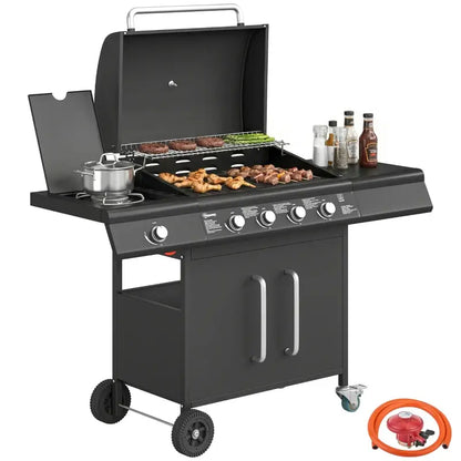 Outsunny 4+1 Burner Gas BBQ Grill with Storage Cabinet, 15.2 kW Gas Barbecue Trolley with Side Table, 4 Wheels, Warming Rack