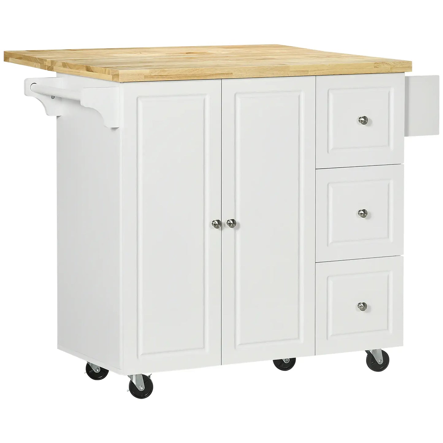 HOMCOM Kitchen Island on Wheels, Rolling Kitchen Storage Trolley with Drop Leaf, Drawers, Towel and Spice Rack, White