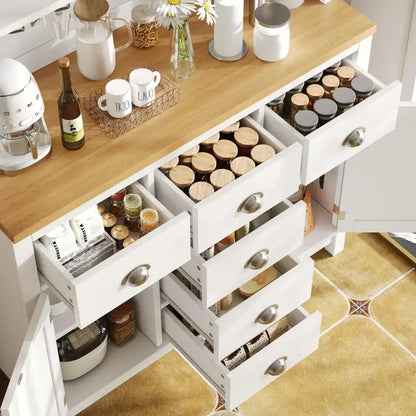 Farmhouse Style Sideboard with Spacious Shelves and Drawers, Versatile Storage Cabinet with Drink Holders, 104L x 40W x 180H cm, White