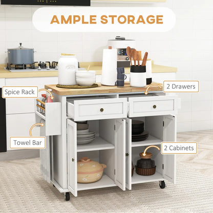 HOMCOM Rolling Kitchen Island Storage Trolley with Rubber Wood Top & Drawers for Dining Room, White