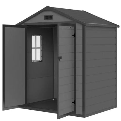 Outsunny 6'x4.5' Garden Storage Shed, Lockable Garden Shed with Double Doors, Window, Vent and Plastic Roof, Dark Grey