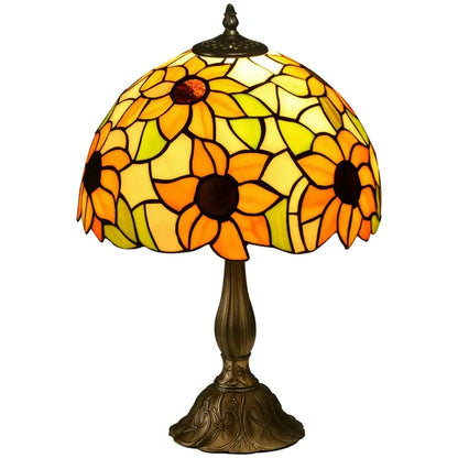 HOMCOM Tiffany Stained Glass Table Lamp, Handmade Antique Bedside Lamp for Bedroom, Living room, Home, Nightstand, Decorative Night Light, Orange Sunflower