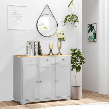 HOMCOM Sideboard with Rubberwood Top and Independent Storage Shelves for Dining Room, Kitchen - Grey