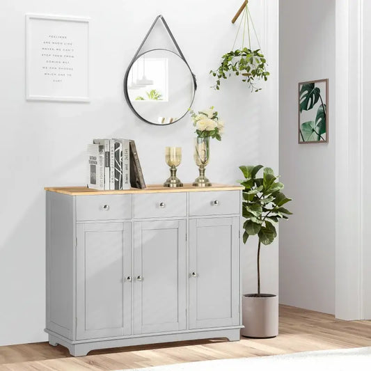 HOMCOM Sideboard with Rubberwood Top and Independent Storage Shelves for Dining Room, Kitchen - Grey
