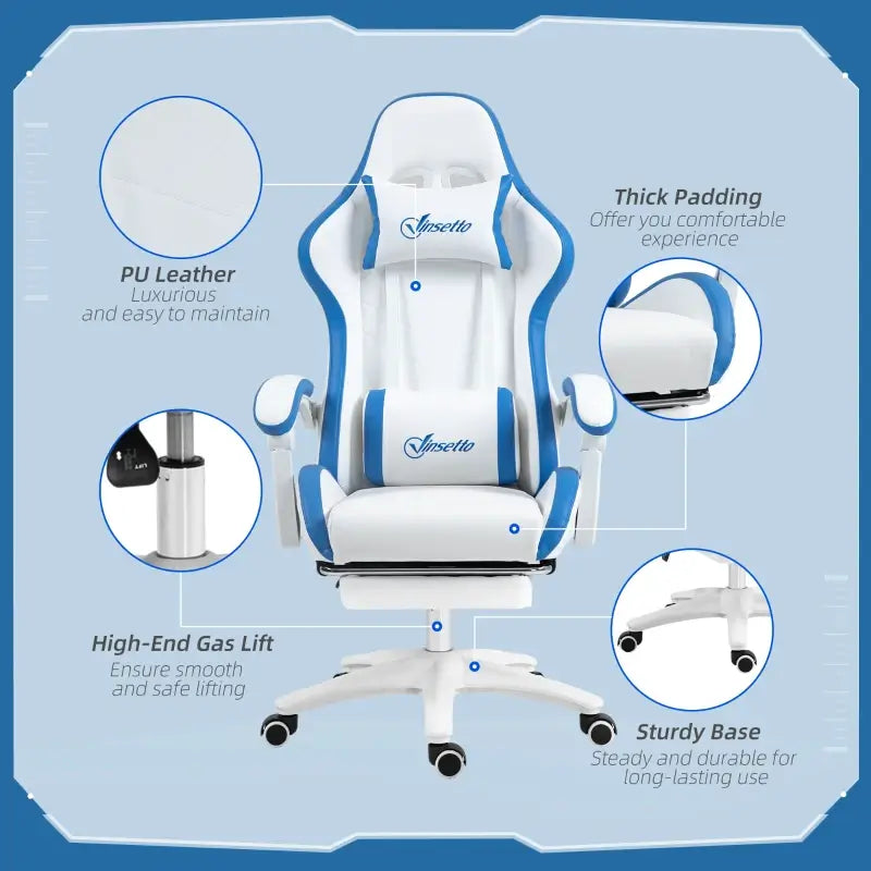 Vinsetto Gaming Chair, Computer Gamer Chair with Reclining High Back, Headrest, Lumbar Support, Footrest, Swivel Wheels, PU Leather, Adjustable Height for Home, White and Blue
