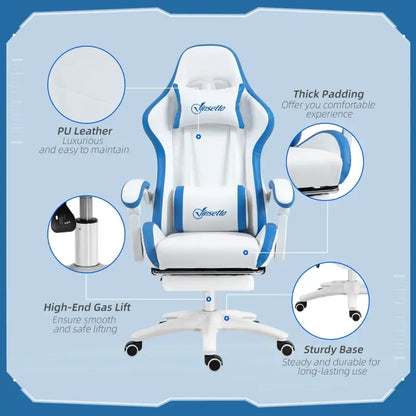 Vinsetto Gaming Chair, Computer Gamer Chair with Reclining High Back, Headrest, Lumbar Support, Footrest, Swivel Wheels, PU Leather, Adjustable Height for Home, White and Blue
