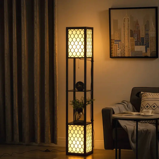 HOMCOM Floor Lamp with Shelves, Modern Tall Standing Lamps with Fabric Lampshade, Chain Switch and Dual Light for Living Room, Bedroom, Bulb not Included, Black