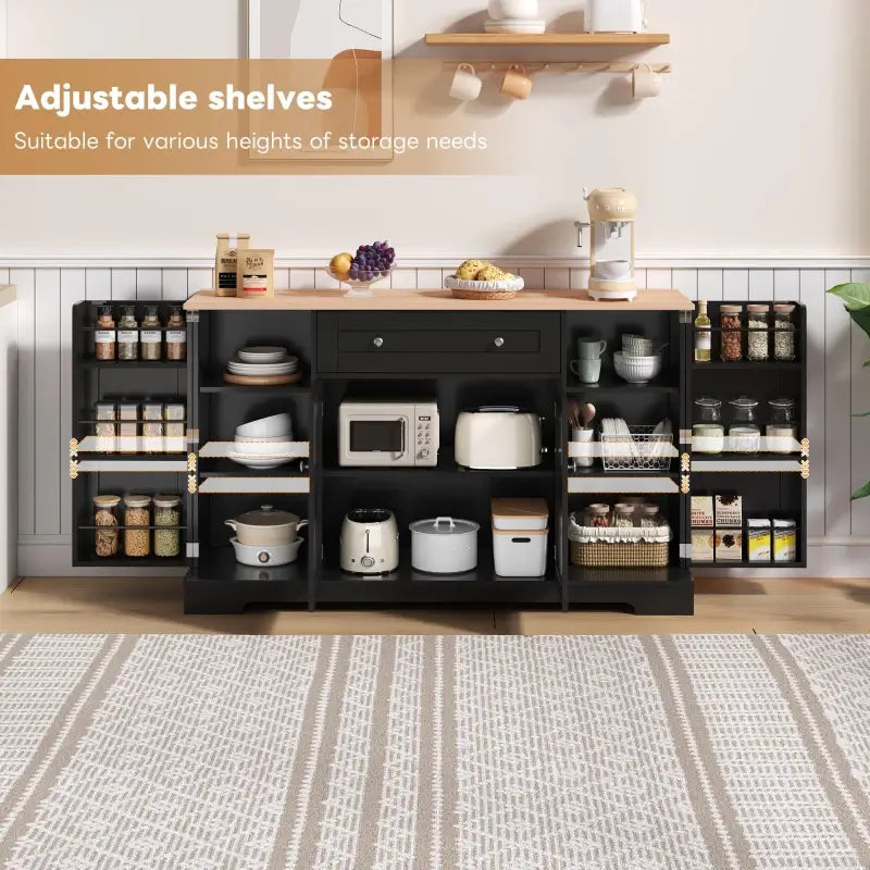 Multifunctional Kitchen Sideboard with Double-Door Compartment, Spacious Cabinet with Adjustable Shelves, 138L x 40W x 85H cm, Black