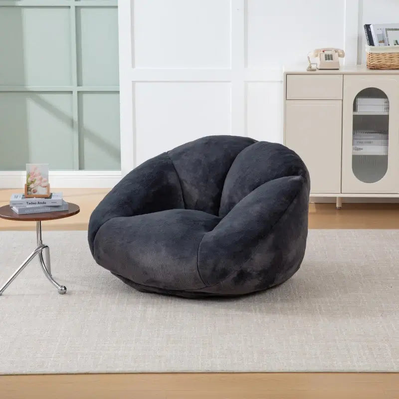Shell-Shaped Bean Bag Chair with High-Rebound Memory Foam Filling, Ergonomic Floor Lounger with Faux Fur Removable Cover, 100L x 90W x 57H cm, Black