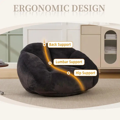 Shell-Shaped Bean Bag Chair with High-Rebound Memory Foam Filling, Ergonomic Floor Lounger with Faux Fur Removable Cover, 100L x 90W x 57H cm, Black