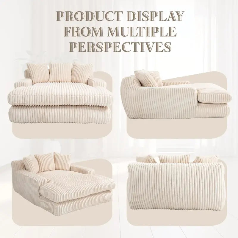 Oversized Chaise Longue Sofa with 3 Throw Cushions and Wide Armrests, Chair with Shredded Memory Foam Seat, 155L x 125W x 63H cm, Beige